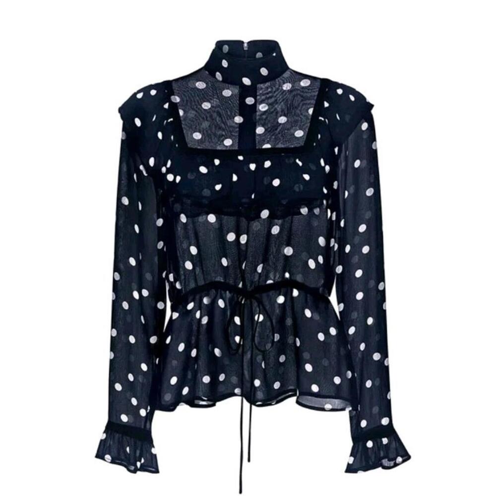 GANNI Georgette Polka Dot Sheer Ruffle Blouse Size: 36/Small Parisian Coquette - Picture 3 of 14